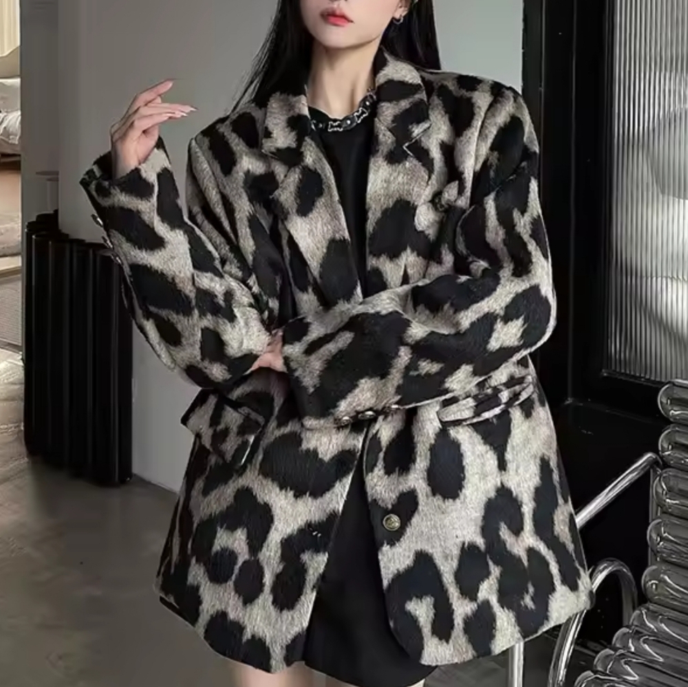 Leopard Print Coat Women Autumn Winter Korean Style Niche Design Loose SuitJacke - Picture 2 of 6